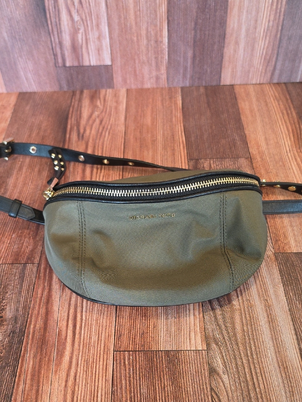 Michael Kors Olive Green Leather Crossbody Belt Bag with Gold Hardware